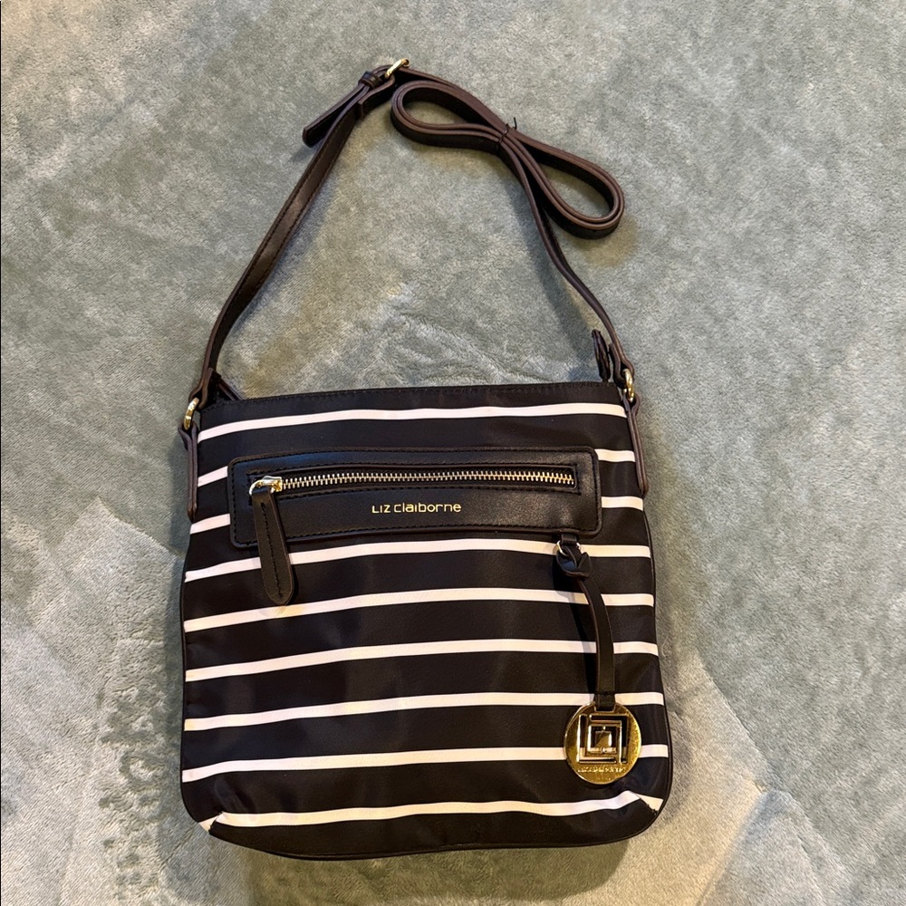 Liz Claiborne Black and White Striped Crossbody with Gold Accent NWOT